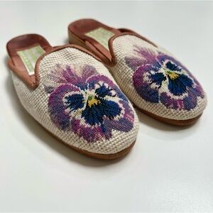 Anthropologie Floral Embroidered Mules - Cream and Purple
